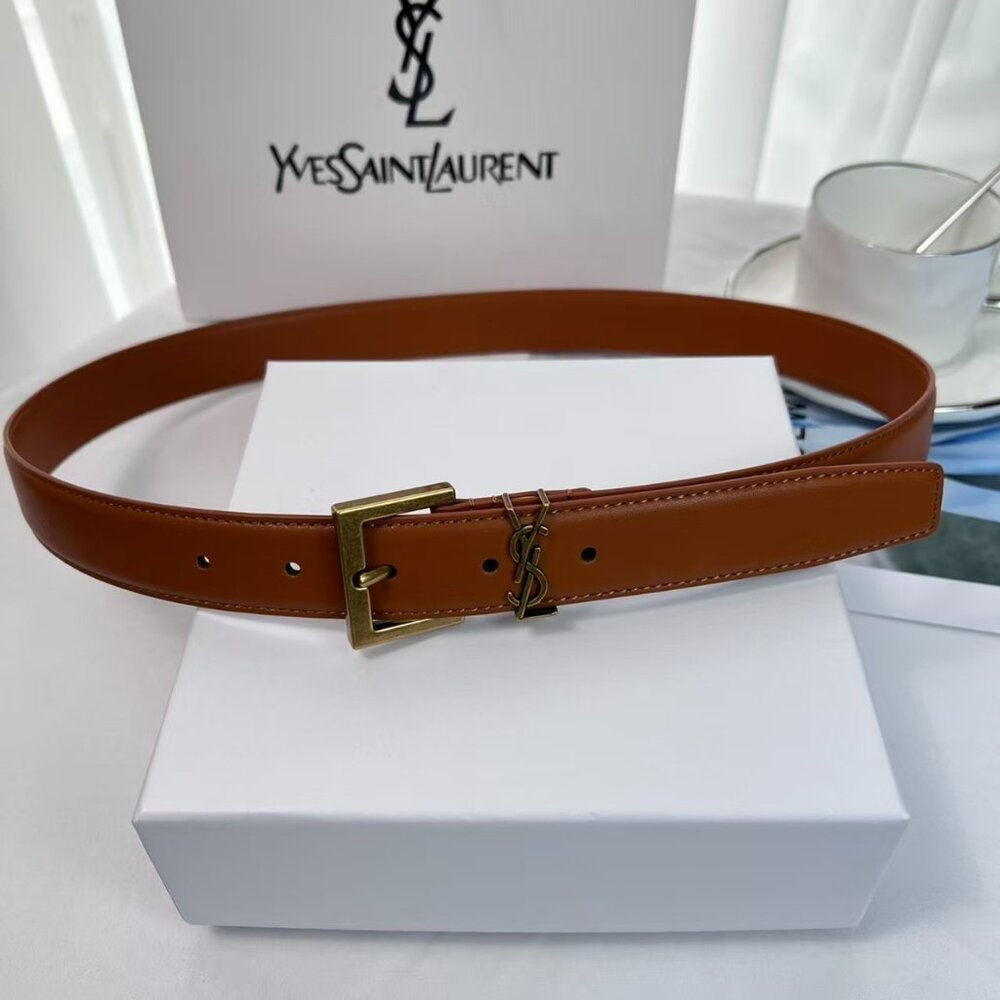 YSL Yves Saint Laurent Brown Cowhide Leather Belt Size 85 Gold Buckle - Picture 7 of 9